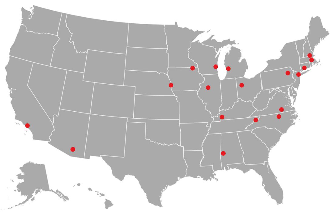 Asbestos products manufactures map